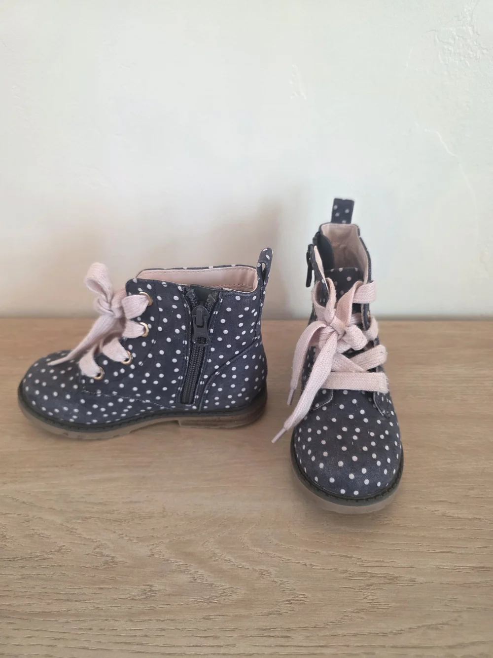 Cat & Jack Navy Polka Dot Ankle Boots with Pink Laces